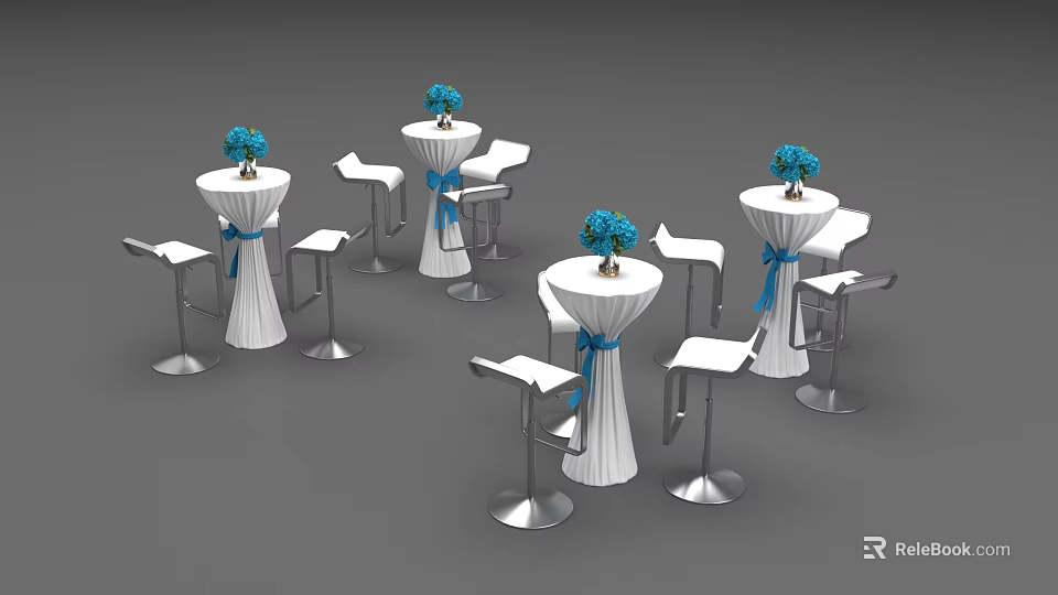 White High Top Event Tables With Blue Ribbon Flower Arrangements And Bar Stools 3d model 
