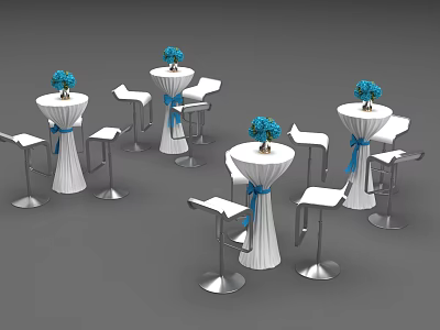 White High Top Event Tables With Blue Ribbon Flower Arrangements And Bar Stools 3d model