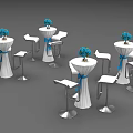 White High Top Event Tables With Blue Ribbon Flower Arrangements And Bar Stools