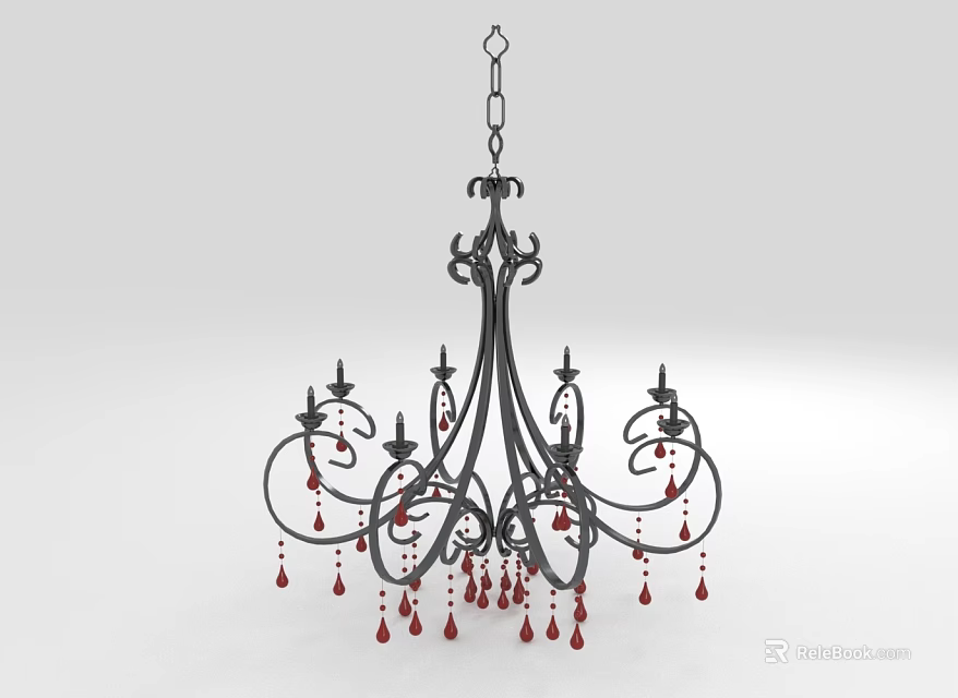 Ornate Black Metal Chandelier With Intricate Carvings And Red Crystal Pendants 3d model 