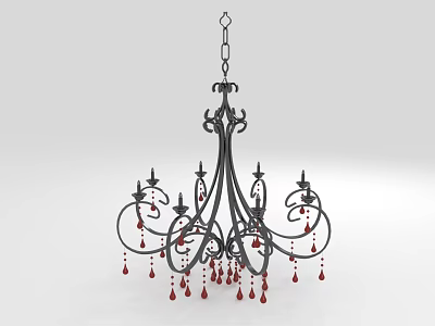 Ornate Black Metal Chandelier With Intricate Carvings And Red Crystal Pendants 3d model