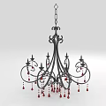 Ornate Black Metal Chandelier With Intricate Carvings And Red Crystal Pendants