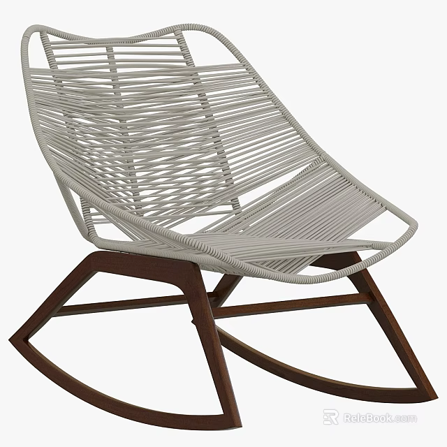Modern White Woven Rope Rocking Chair With Dark Wooden Frame Design 3d model 