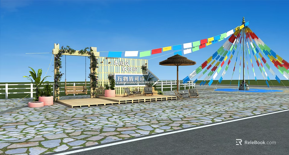 Garden Landscape With Yellow Wooden Structure Colorful Flags Straw Umbrella And Stone Paved Ground 3d model 