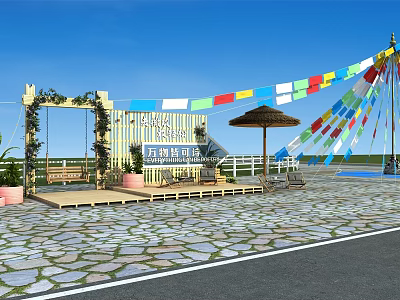 Garden Landscape With Yellow Wooden Structure Colorful Flags Straw Umbrella And Stone Paved Ground 3d model