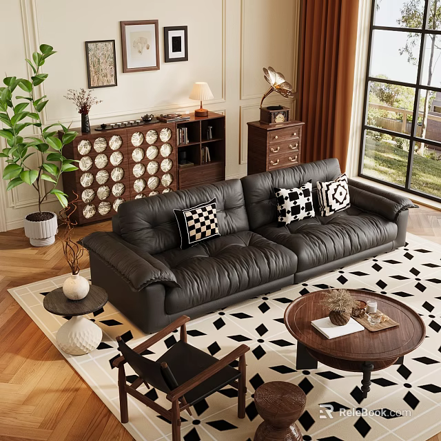 Modern Leather Sofa with Checkerboard Pillows and Round Wooden Coffee Table on Geometric Rug 3d model 