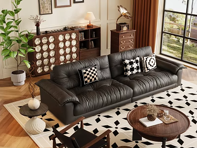 Modern Leather Sofa with Checkerboard Pillows and Round Wooden Coffee Table on Geometric Rug 3d model