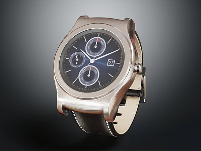 Stylish Silver Watch With Black Dial Leather Strap And Subdials Design 3d model