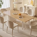 Modern Minimalist Dining Table Set With Wooden Top And Six White Chairs