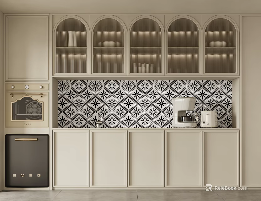 Cream Kitchen Cabinets With Arched Design Patterned Tile Backsplash Coffee Machine And Oven 3d model