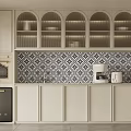 Cream Kitchen Cabinets With Arched Design Patterned Tile Backsplash Coffee Machine And Oven 3d model