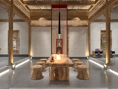 Traditional Chinese Teahouse Interior With Wooden Table Tree Stump Stools Decorative Ceiling And Stone Walls 3d model