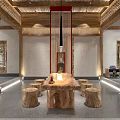 Traditional Chinese Teahouse Interior With Wooden Table Tree Stump Stools Decorative Ceiling And Stone Walls