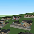 Traditional Village Architectural Design With Stone Houses Greenery And People Walking