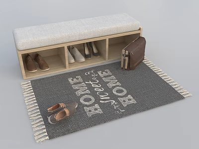 Functional Entryway Storage Bench with Shoe Compartments Wooden Frame and Home Sweet Home Rug 3d model