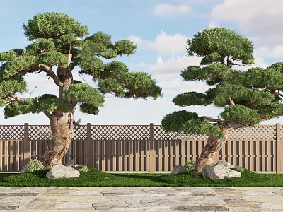 Natural Tree Pit With Pine Trees Wooden Fence Grass Stones And Stone Pavement 3d model