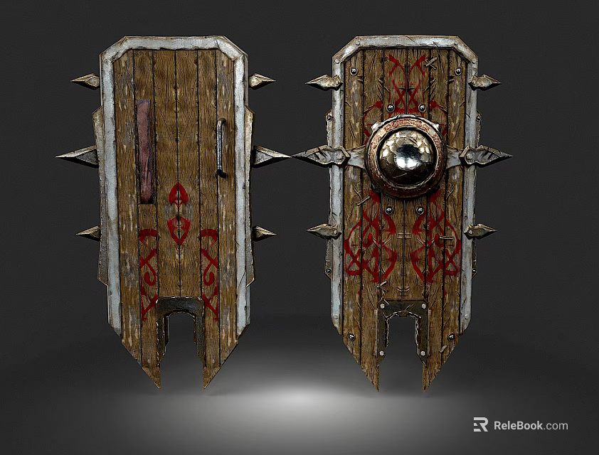 Two Medieval Wooden Shield Weapons With Metal Spikes Red Decorative Patterns And Ornate Details 3d model 