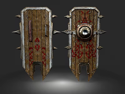 Two Medieval Wooden Shield Weapons With Metal Spikes Red Decorative Patterns And Ornate Details 3d model