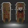 Two Medieval Wooden Shield Weapons With Metal Spikes Red Decorative Patterns And Ornate Details