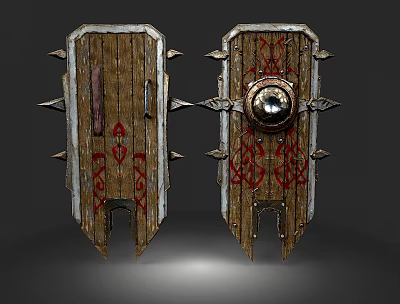Two Medieval Wooden Shield Weapons With Metal Spikes Red Decorative Patterns And Ornate Details 3d model
