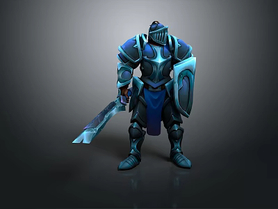 3D Render Of Blue Armored Knight Standing With Sword And Shield 3d model