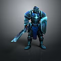 3D Render Of Blue Armored Knight Standing With Sword And Shield