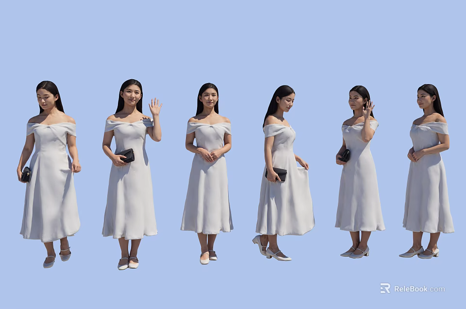 Multiple women in white off shoulder dresses waving holding bags standing on light blue background 3d model 