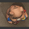 Cute Brown Pig Sculpture Wearing Red Polka Dot Scarf Holding Blue Bowl On Base