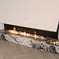 Modern Fireplace Interior With Burning Flames And Marble Mantel On Wooden Floor