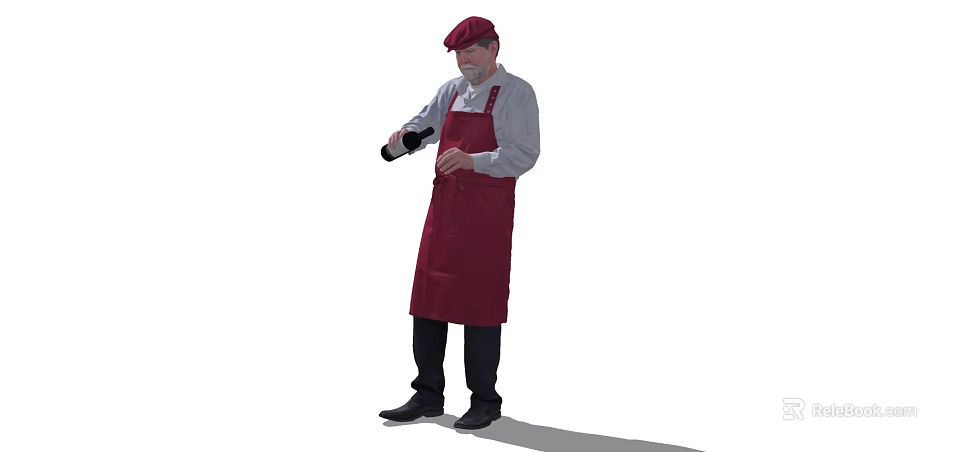 Man Wearing Red Apron And Cap Holding Wine Bottle In Hand 3d model 