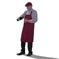 Man Wearing Red Apron And Cap Holding Wine Bottle In Hand