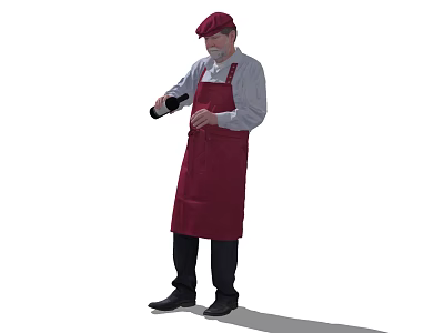 Man Wearing Red Apron And Cap Holding Wine Bottle In Hand 3d model