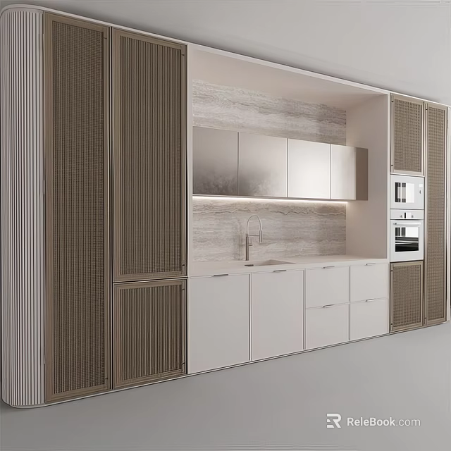 Modern Kitchen Interior With White Cabinets Wooden Panels And Marble Backsplash 3d model 