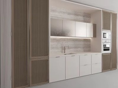 Modern Kitchen Interior With White Cabinets Wooden Panels And Marble Backsplash 3d model