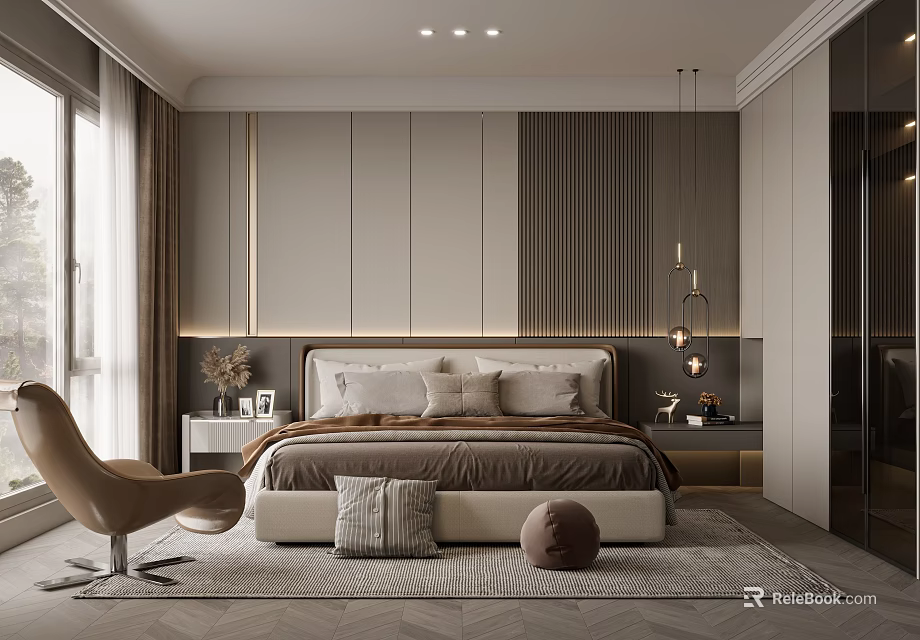 Modern Bedroom Interior With Neutral Tones Plush Bed Nightstands Armchair Pendant Lights And Paneled Walls 3d model 