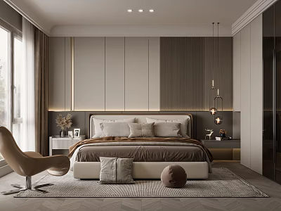 Modern Bedroom Interior With Neutral Tones Plush Bed Nightstands Armchair Pendant Lights And Paneled Walls 3d model