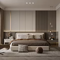 Modern Bedroom Interior With Neutral Tones Plush Bed Nightstands Armchair Pendant Lights And Paneled Walls