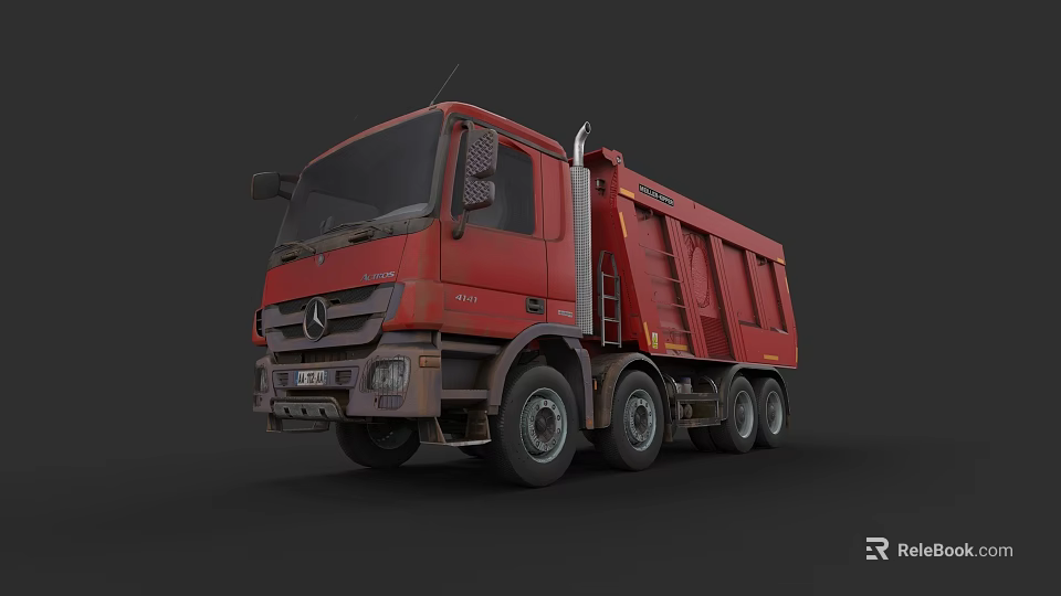 Red Mercedes Dump Truck With Heavy Duty Body And Side Access Ladder 3d model 
