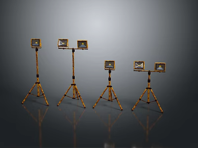Five Square Lamps With Yellow Black Striped Tripods On Gray Reflective Floor 3d model