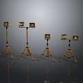 Five Square Lamps With Yellow Black Striped Tripods On Gray Reflective Floor