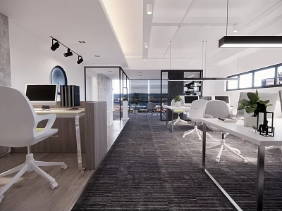 Modern Public Office Space With Open Layout White Chairs Desks Plants Glass Partitions Gray Carpet 3d model