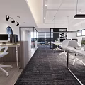 Modern Public Office Space With Open Layout White Chairs Desks Plants Glass Partitions Gray Carpet