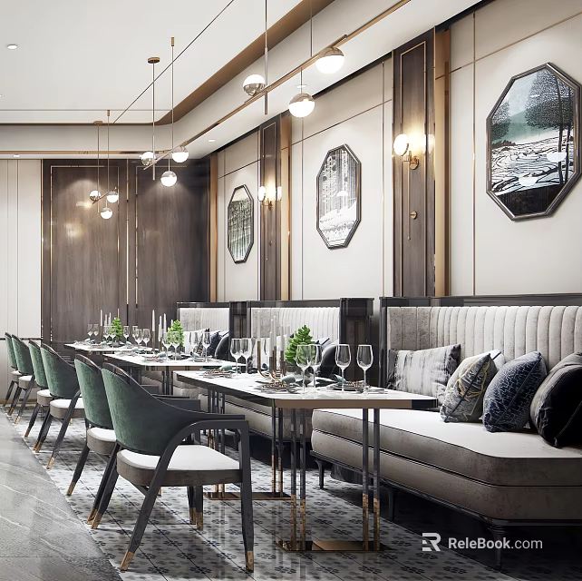Elegant Restaurant Interior With Green Chairs Upholstered Banquettes Wall Art And Pendant Lights 3d model 
