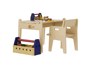 Wooden Children's Desk With Chair Toy Tools Building Blocks And Storage Box 3d model