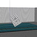 Floating Cube Sculpture with Intricate Inscriptions Against City Skyline and Calm Water Surface