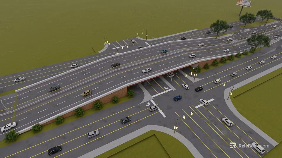 Road Infrastructure Featuring Multi level Interchange With Vehicles Moving Street Lights And Green Landscaping 3d model 