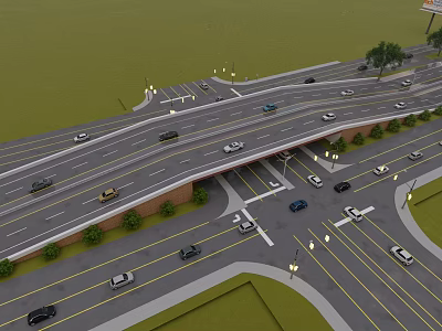 Road Infrastructure Featuring Multi level Interchange With Vehicles Moving Street Lights And Green Landscaping 3d model