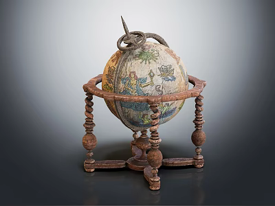Vintage Decorative Globe Ornament Set With Colorful Patterns And Carved Wooden Stand 3d model