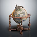Vintage Decorative Globe Ornament Set With Colorful Patterns And Carved Wooden Stand