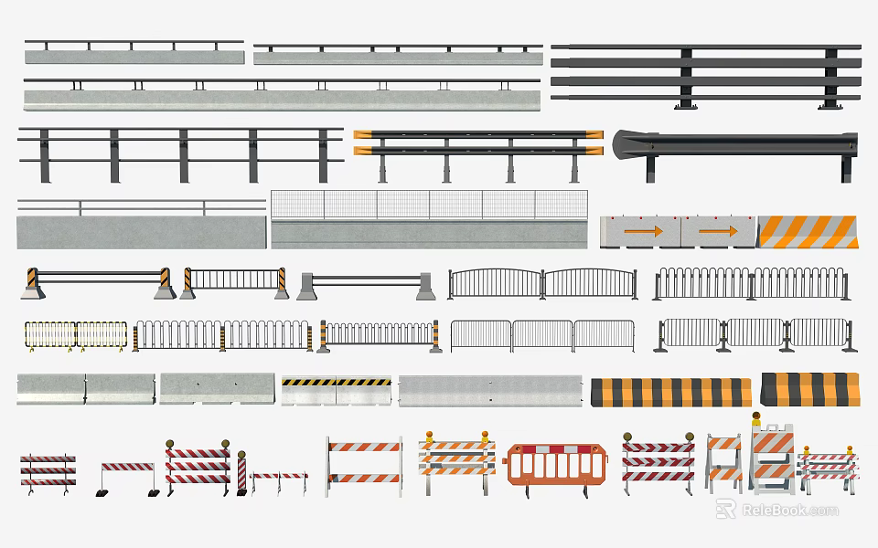Various Types of Fences Including Metal Railings Temporary Barriers and Safety Strips 3d model 